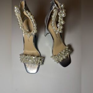 Betsey Johnson SB-Fay Satin Rhinestone Pearl Wedding Sandal Heel Size 8